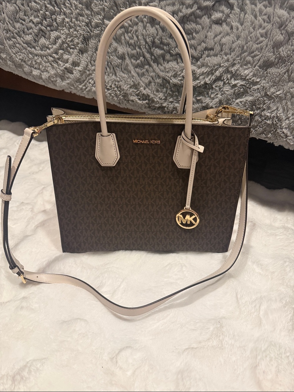 Michael Kors Brown Logo Satchel with Cream Trim